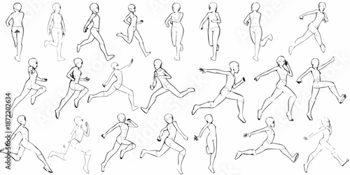 Collection of running human figures in various dynamic poses sketched in black and white