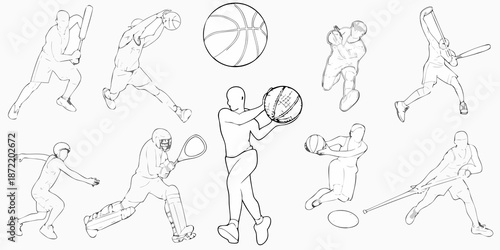 Line art illustration showcasing diverse athletic figures engaged in various sports
