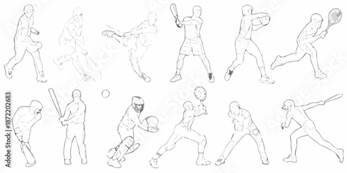 Sketch illustrations of athletes in action baseball cricket and tennis players