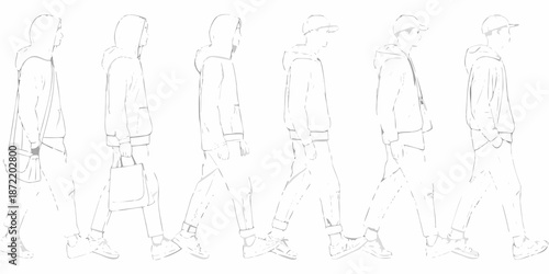 Line art illustration of six people in casual clothing viewed from the side