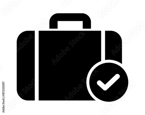 Stylized black suitcase icon with a checkmark, symbolizing travel readiness and approval.
