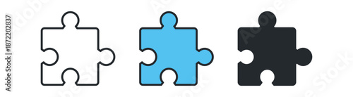 Three puzzle pieces in different colors: white, blue, and black, symbolizing connection and problem-solving.