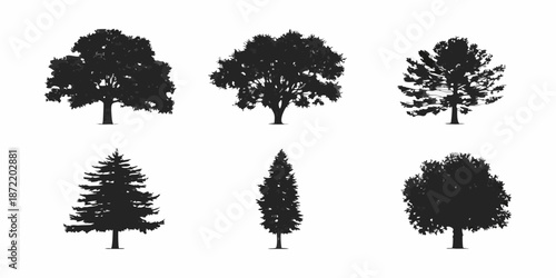 Silhouette collection of various tree types in black and white