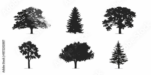 A collection of six different tree silhouettes in black and white