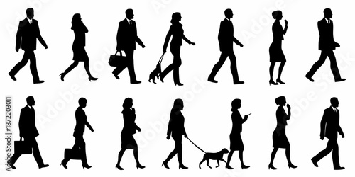 Silhouettes of people walking in various poses including individuals with dogs