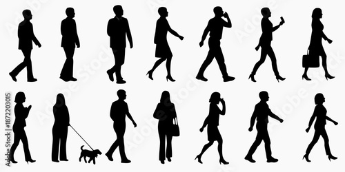 Diverse silhouettes of people walking showcasing different poses and styles