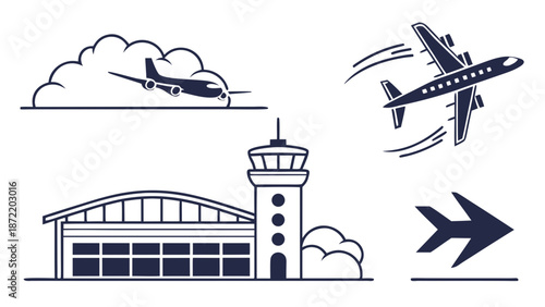 Airport and Airplane Icons Aviation and Travel Concepts.
