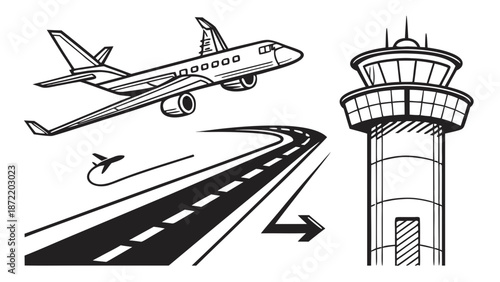 Airport Scene Airplane Taking Off with Control Tower and Runway.