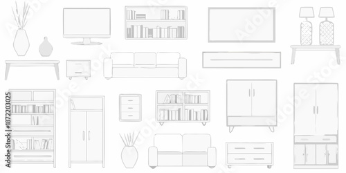 Minimalist living room furniture set in a simple line art illustration