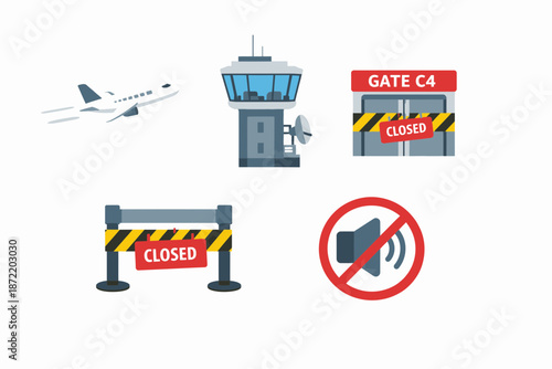 Airport Closure Illustration Airplane Control Tower Gate Barrier and No Noise.