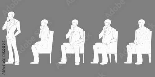 A series of monochrome figures in suits showing a progression of thought