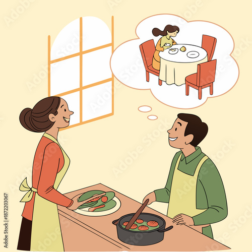 Flat vector illustration of people cooking a meal together while discussing goals and future plans in a relaxed home setting.