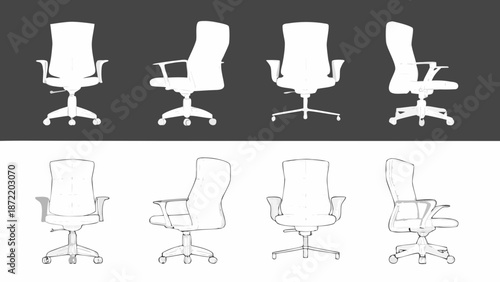 Four variations of an office chair design presented in black and white