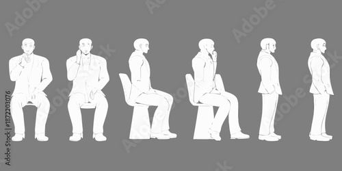 A sequence of figures in suits seated and standing shown in profile