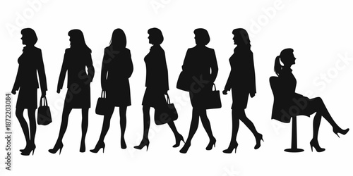 Silhouettes of women walking showcasing diverse postures and professional attire