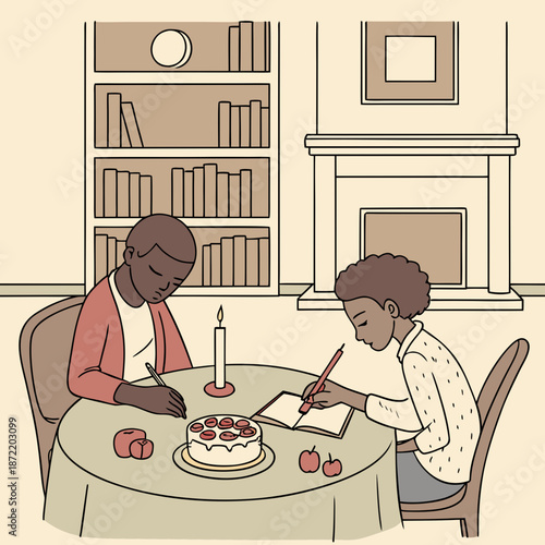 Flat vector illustration of people writing letters and reading them aloud while sharing dessert in a warm, intimate setting.
