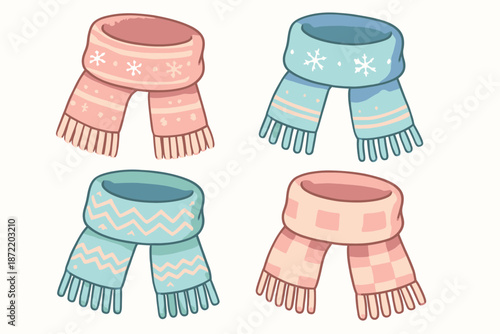 Collection of Colorful Winter Scarves with Various Patterns.