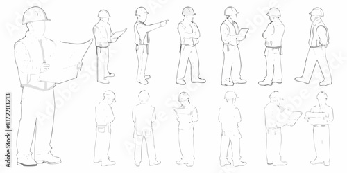 Line drawing of construction workers and engineers in various poses
