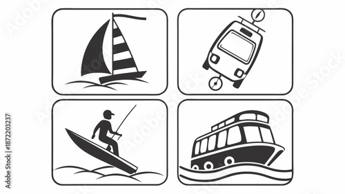 Collection of Water Transportation Icons Sailboat Cable Car Surfer and Boat.