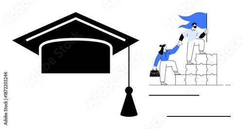 Education, learning, career growth, teamwork, mentorship, achievement. Graduation cap with tassel and figures collaborating by climbing a puzzle staircase. Education and career growth concept