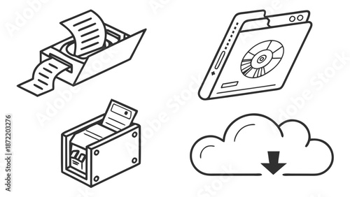 Data Management and Storage Solutions Icons of File Organization and Cloud Technology.