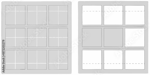 Grid layouts with blank and gray rectangular panels showing potential design options