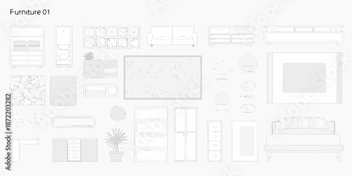 A minimalist furniture layout plan featuring sofas storage and decorative elements
