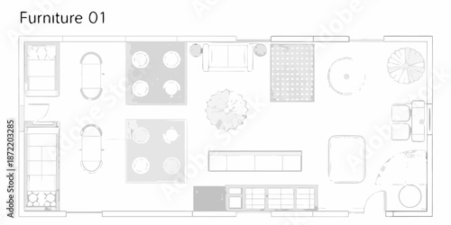 Overhead view of a floor plan featuring furniture arrangement and room layout