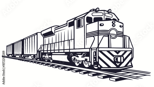 Detailed Black and White Illustration of a Freight Train on Tracks.