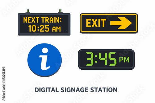 Digital Signage Station with Train Schedule Exit Information and Time Displays.