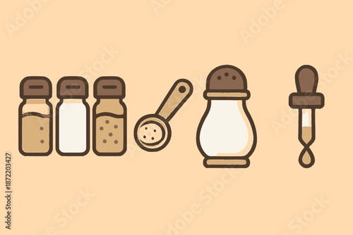 Illustration of Various Cooking Ingredients and Utensils for Culinary Use.