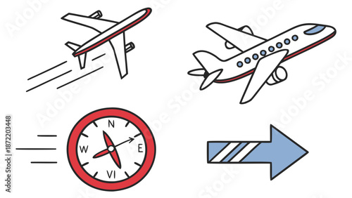 Illustrations of Airplanes Compass and Directional Arrow for Travel Concepts.