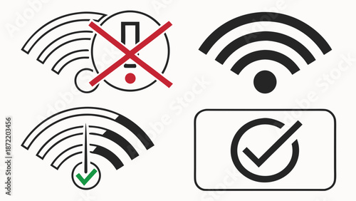 Illustrations of WiFi connection status icons error connected and success.