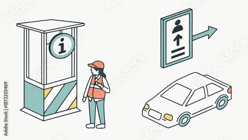 Isometric Illustration of a Woman Near Information Kiosk and Car.