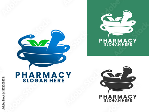 Mortar combination with snake and leaf logo design vector template. Elegant Pharmacy logo design vector.