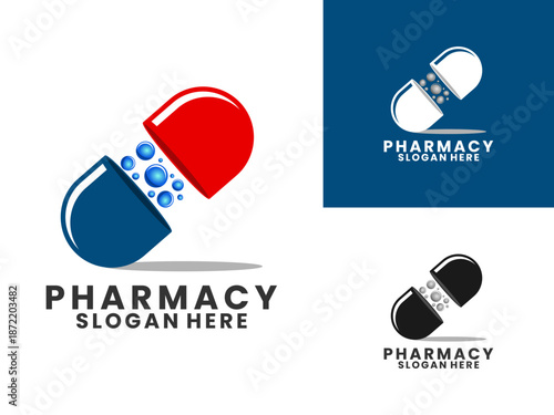 Pharmaceutical pills illustration logo design vector template. Pharmacy icon design vector.