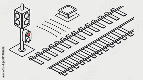 Isometric Illustration of Railway Tracks and Signal Light.