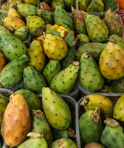 Chivasso, Piedmont, Italy - November 15, 2025: Prickly pears for sale at the food market.