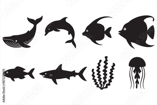 Ocean Wildlife Silhouette Collection with Whale Dolphin Shark Jellyfish