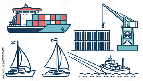 Maritime Transport and Shipping Vessels Container Ship Sailboats and Crane.