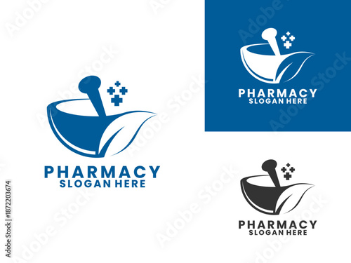 Mortar combination with leaves and medical logo design vector template, Pharmacy or Clinic logo design concept.
