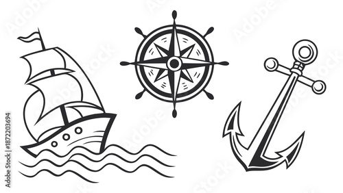 Nautical Elements Ship Compass Rose and Anchor Line Art.