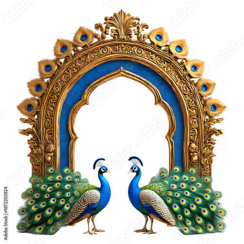 Majestic peacocks standing before ornate golden archway with blue accents
