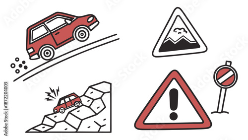 Road Safety and Hazard Warning Signs Illustration.