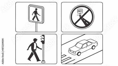Road safety signs and pedestrian crossing illustration.