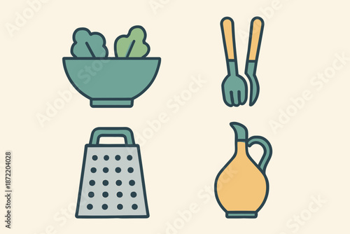 Salad Preparation Icons Bowl Utensils Grater and Oil Jug.