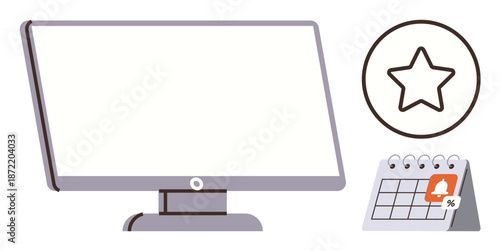 Task management, productivity, goal setting, scheduling, organization, work planning. A computer monitor, a star icon and a reminder calendar. Productivity and goal setting concept