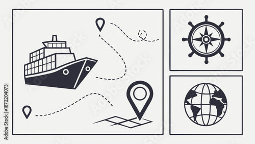 Shipping Route Visualization Cargo Ship Compass Globe and Location Markers.