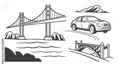 Sketched Bridges and Car Illustration with Water and Clouds.