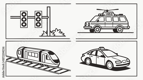 Transportation and Traffic Control Illustrations Signals Emergency Vehicle Train Taxi.